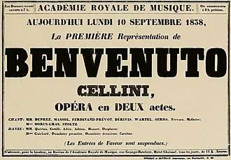 Poster for the premiere of Benvenuto Cellini, September 1838. Berlioz's name is not mentioned.