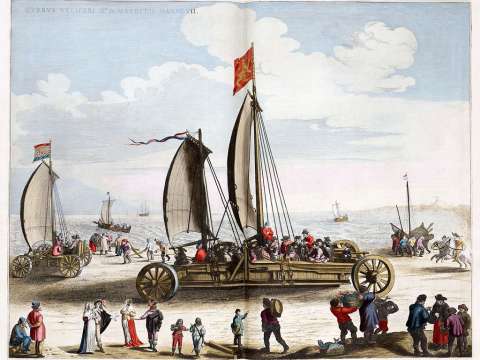 Wind chariot or land yacht (Zeilwagen) designed by Simon Stevin for Prince Maurice of Orange (engraving by Jacques de Gheyn).