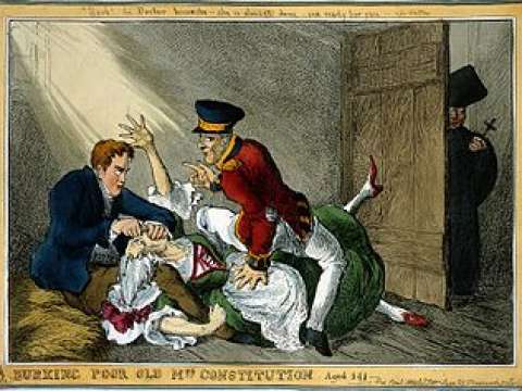 This satirical 1829 cartoon by William Heath depicted the Duke of Wellington and Peel in the roles of the body-snatchers Burke and Hare suffocating Mrs Docherty for sale to Dr. Knox; representing the extinguishing by Wellington and Peel of the 141-year-ol