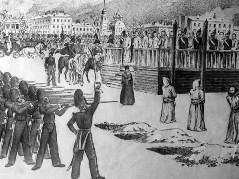 A sketch of the Petrashevsky Circle mock execution