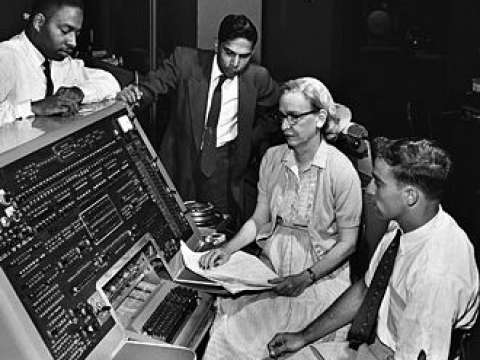 Hopper at the UNIVAC I console, c. 1960