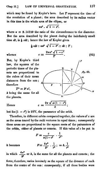 Page 157 from Mechanism of the Heavens, Somerville discusses the law of universal gravity and Kepler's laws of planetary motion.