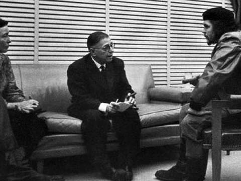 Jean-Paul Sartre (middle) and Simone de Beauvoir (left) meeting with Che Guevara (right) in Cuba, 1960