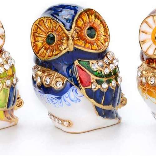 Three Owl Enameled Jewelry Box