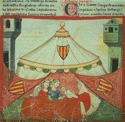 Frederick's birth in Jesi (illustration in Giovanni Villani's Nuova Cronica, ca. 1348)