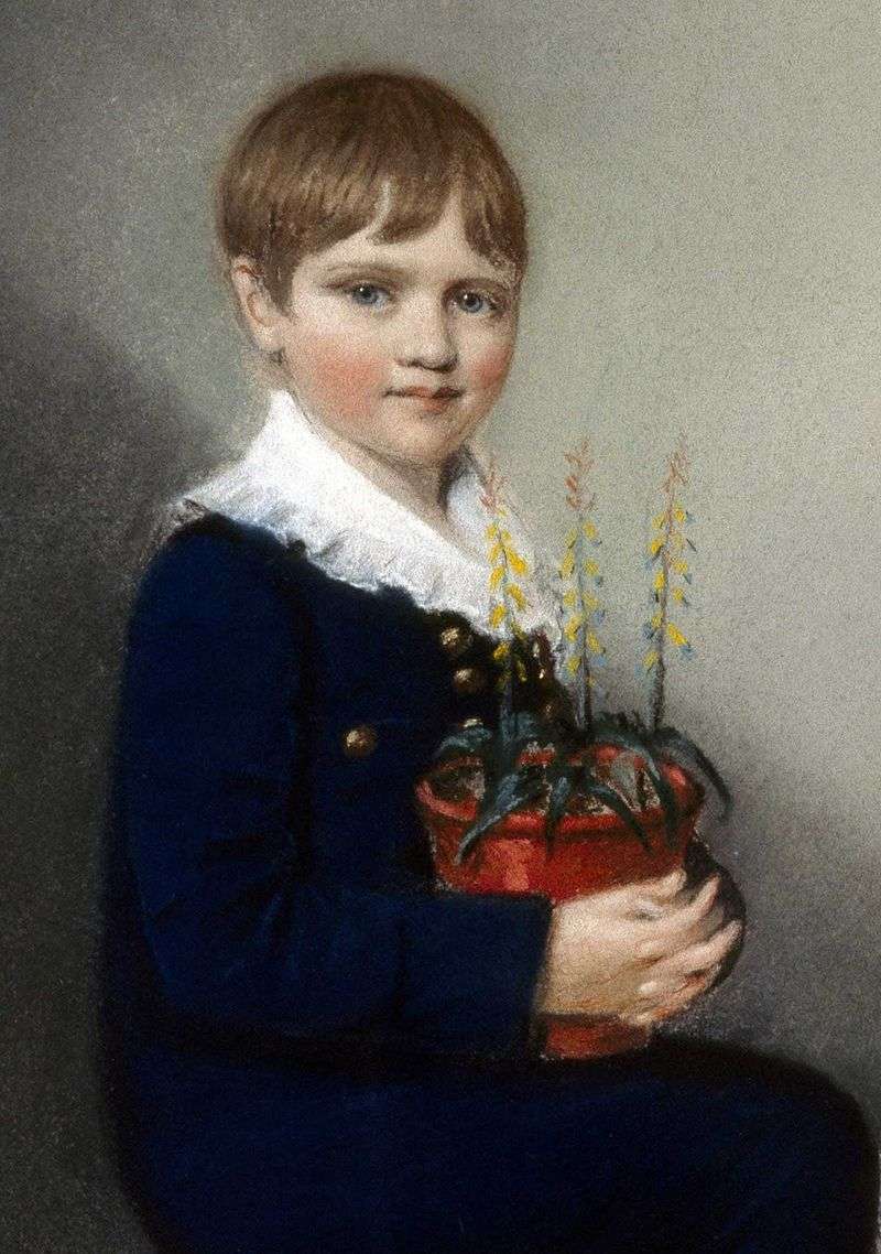 Chalk drawing of the seven-year-old Charles Darwin in 1816, already with a potted plant, by Ellen Sharples.
