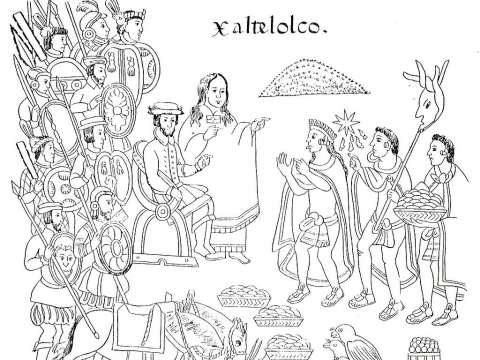 A painting from Diego Muñoz Camargo's History of Tlaxcala (Lienzo Tlaxcala), c. 1585, showing La Malinche and Hernán Cortés.