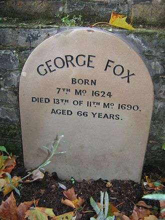 George Fox's marker in Bunhill Fields, next to the Meeting House
