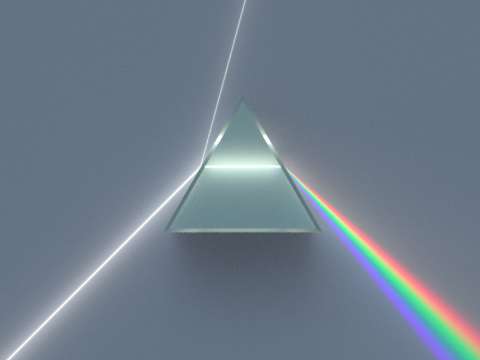 Illustration of a dispersive prism separating white light into the colours of the spectrum, as discovered by Newton