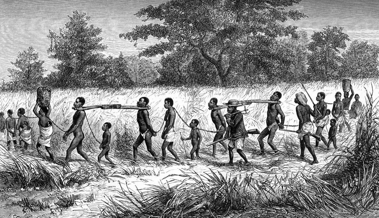 Slave traders and their captives bound in chains and collared with 'taming sticks'. From Livingstone's Narrative
