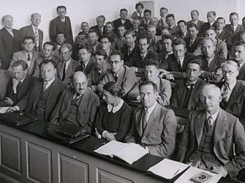 At a conference in 1937, Meitner shares the front row with (left to right) Niels Bohr, Werner Heisenberg, Wolfgang Pauli, Otto Stern and Rudolf Ladenburg; Hilde Levi is the only other woman in the room.