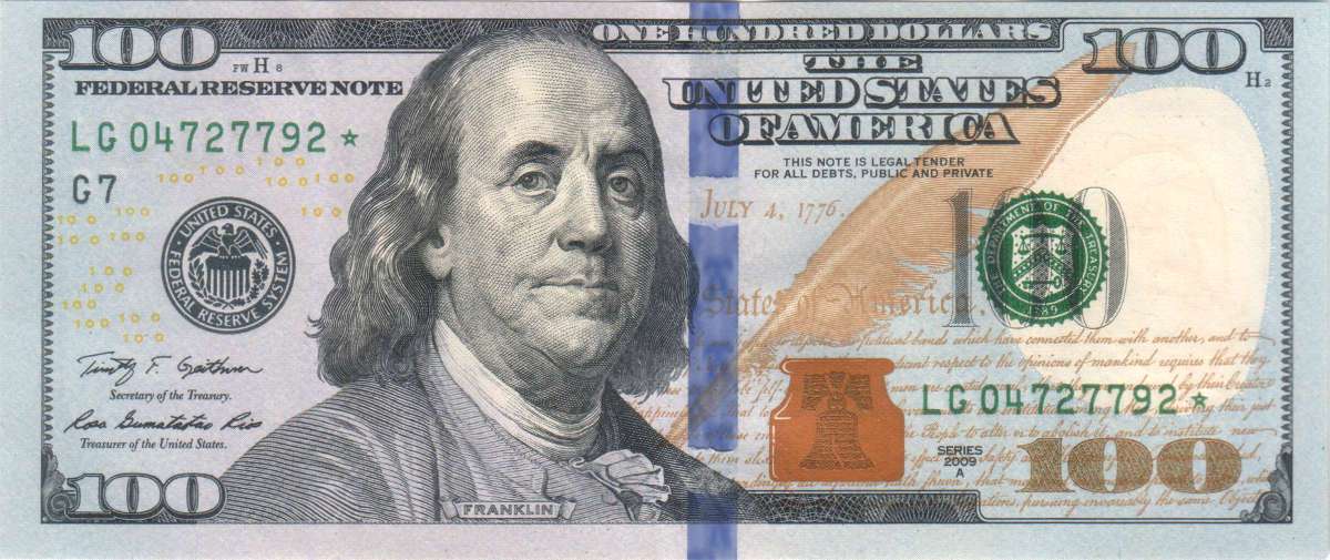 Franklin on the Series 2009 hundred dollar bill