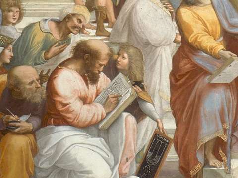 In Raphael's fresco The School of Athens, Pythagoras is shown writing in a book as a young man presents him with a tablet showing a diagrammatic representation of a lyre above a drawing of the sacred tetractys.