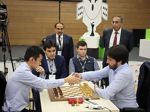 Radjabov facing Ding Liren at the 2019 Chess World Cup, 4 October 2019