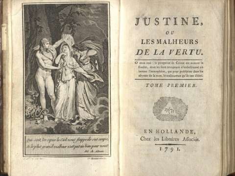 The first page of Sade's Justine, one of the works for which he was imprisoned