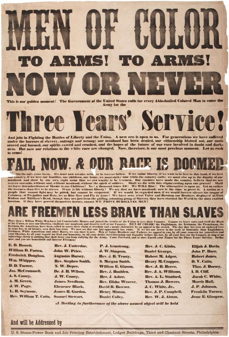1863 Broadside listing Douglass as a speaker calling men of color to arms