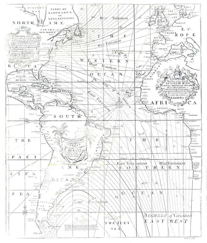 Halley's 1701 map showing isogonic lines of equal magnetic declination in the Atlantic Ocean.