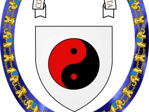 Bohr's coat of arms, 1947. Argent, a taijitu (yin-yang symbol) Gules and Sable. Motto: Contraria sunt complementa (