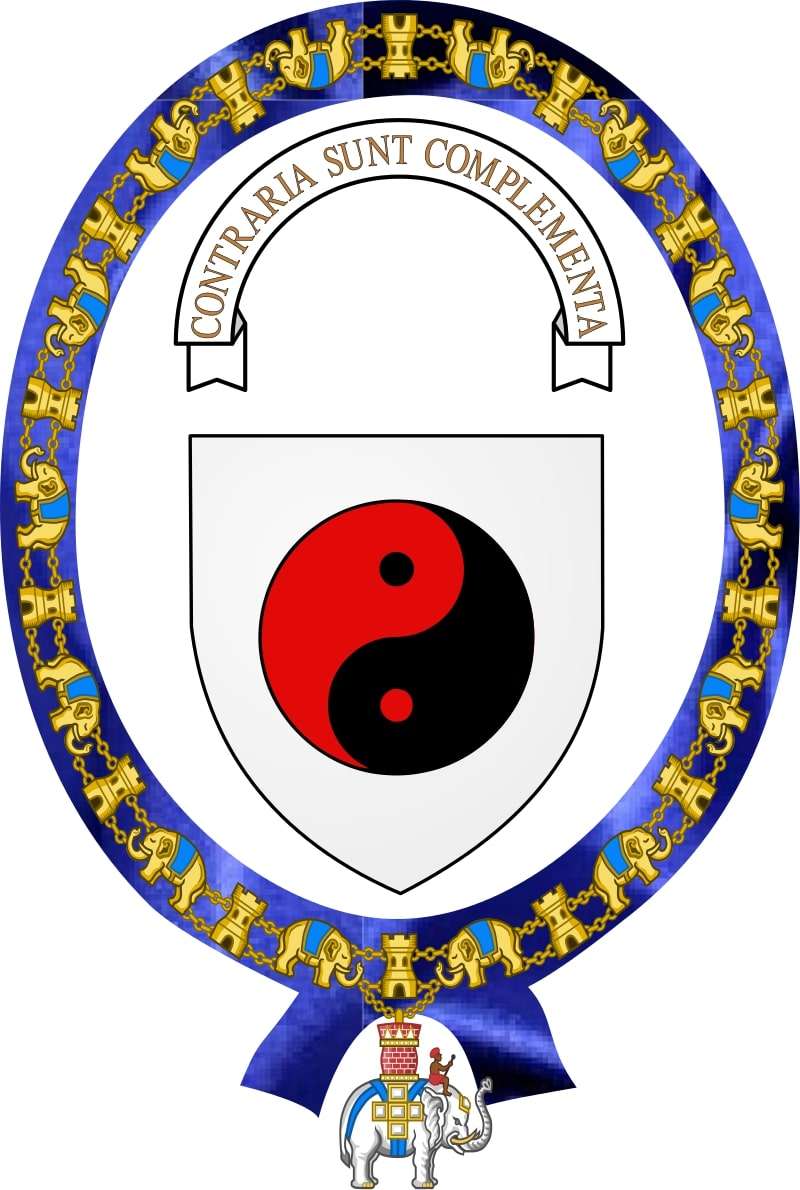 Bohr's coat of arms, 1947. Argent, a taijitu (yin-yang symbol) Gules and Sable. Motto: Contraria sunt complementa (