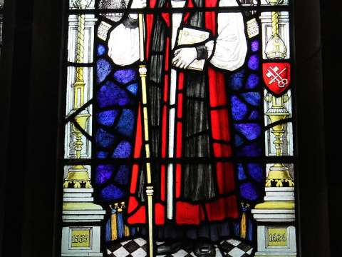 Lancelot Andrewes memorial stained glass window in the cloister of Chester Cathedral