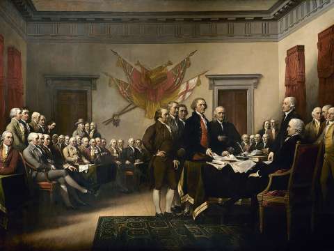 John Trumbull depicts the Committee of Five presenting their work to the Congress.