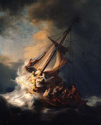 Rembrandt's only known seascape, The Storm on the Sea of Galilee, 1633. The painting is still missing after the robbery from the Isabella Stewart Gardner Museum in 1990.