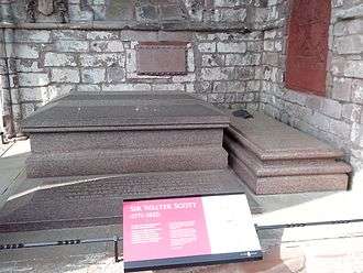 Sir Walter Scott's grave at Dryburgh Abbey – the largest tomb is that of Sir Walter and Lady Scott.
