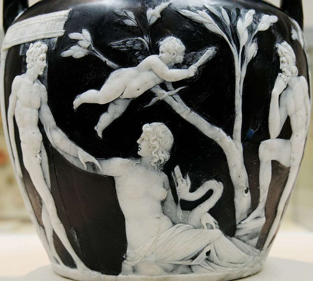 A possible depiction of Mark Antony on the Portland Vase being lured by Cleopatra, straddling a serpent, while Anton, Antony's alleged ancestor, looks on and Eros flies above