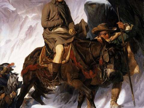 Bonaparte Crossing the Alps, realist version by Paul Delaroche in 1848