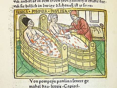 Woodcut illustration of the suicide of Seneca and the attempted suicide of his wife Pompeia Paulina