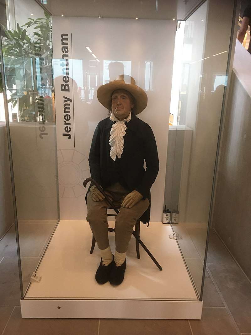 Bentham's auto-icon in a new display case at University College London's Student Centre in 2020.