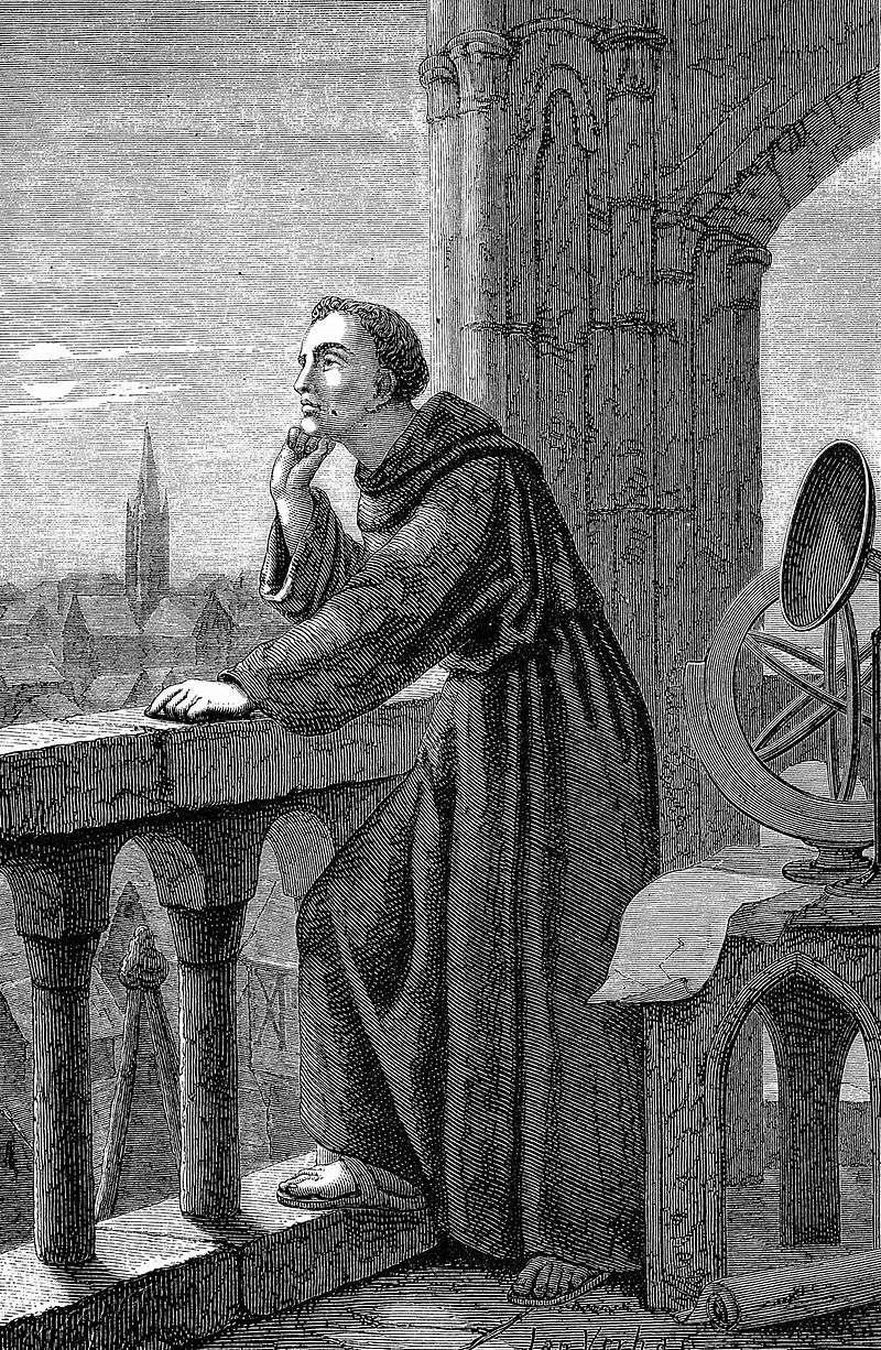 A 19th-century engraving of Bacon observing the stars at Oxford