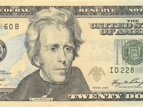 Jackson portrait on obverse $20 bill.