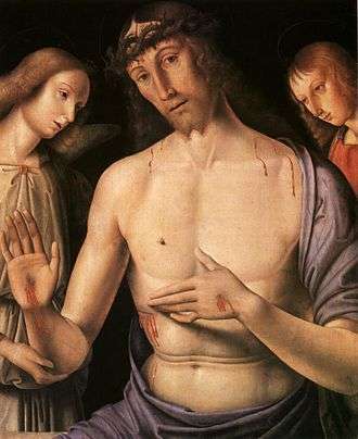 Giovanni Santi, Raphael's father; Christ supported by two angels, c.1490