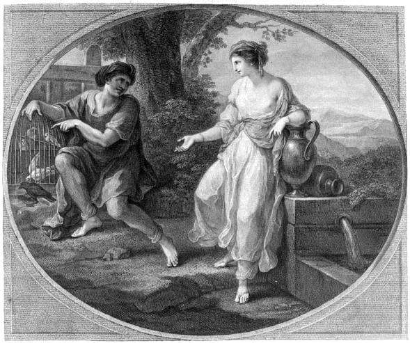  The beautiful Rhodope, in love with Aesop; engraving by Bartolozzi, 1782, after Kauffman's original.