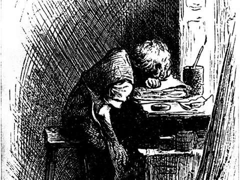 Illustration by Fred Bernard of Dickens at work in a shoe-blacking factory after his father had been sent to the Marshalsea, published in the 1892 edition of Forster's Life of Charles Dickens