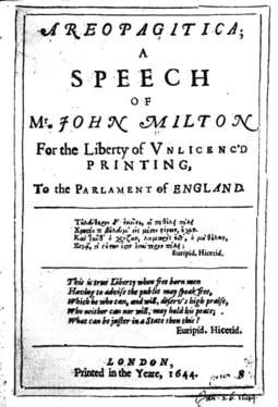 Title page of John Milton's 1644 edition of Areopagitica