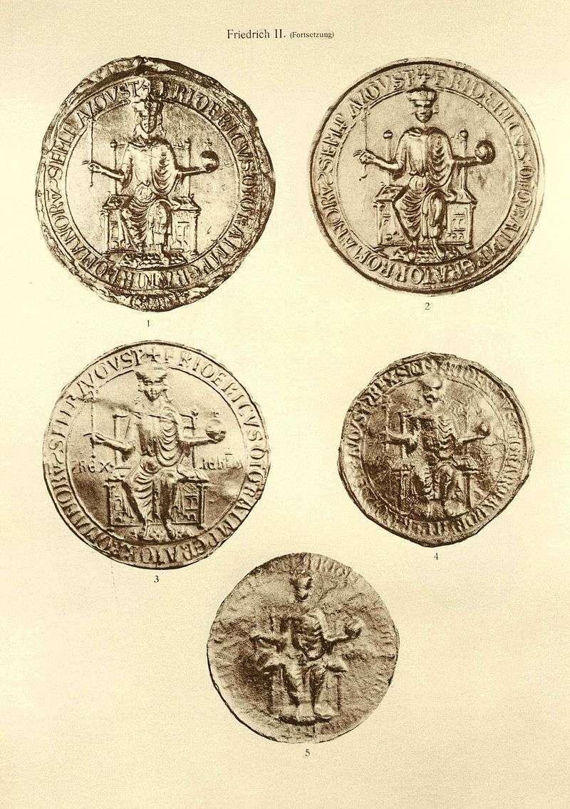 Seals used by Frederick as Emperor (ed. Otto Posse 1909): 1: first imperial seal (1221–1225
