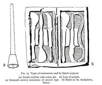 A number of ancient Greek surgical tools. On the left is a trephine; on the right, a set of scalpels. Hippocratic medicine made good use of these tools.