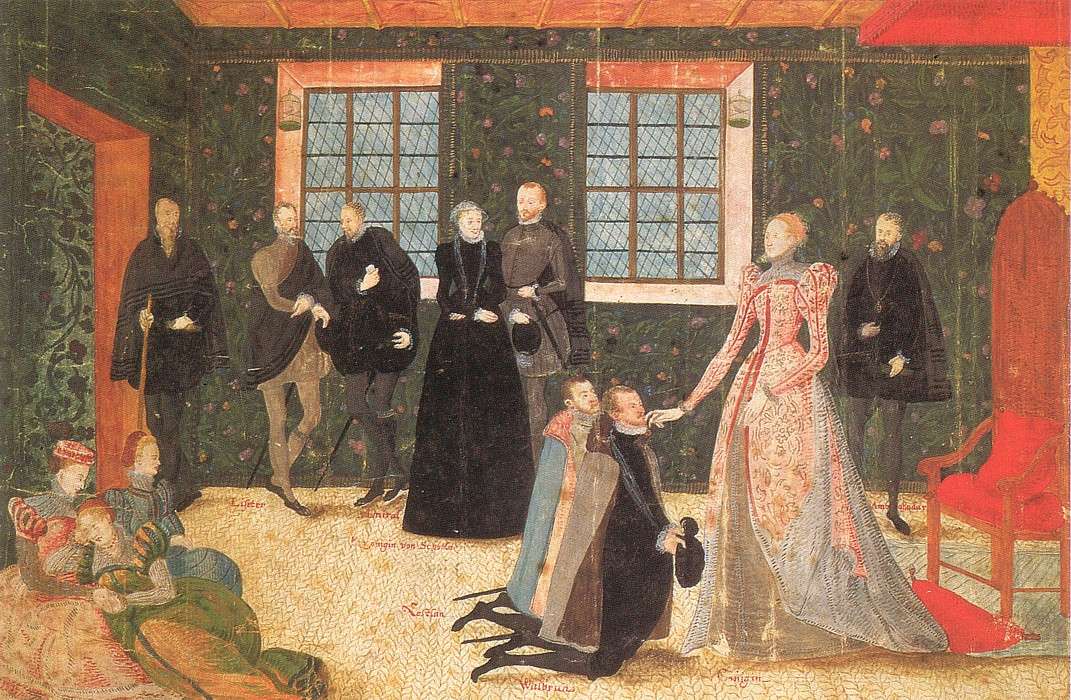 Elizabeth receiving Dutch ambassadors, 1560s, attributed to Levina Teerlinc