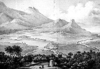 The ruins of Amphipolis as envisaged by E. Cousinéry in 1831: the bridge over the Strymon, the city fortifications, and the acropolis
