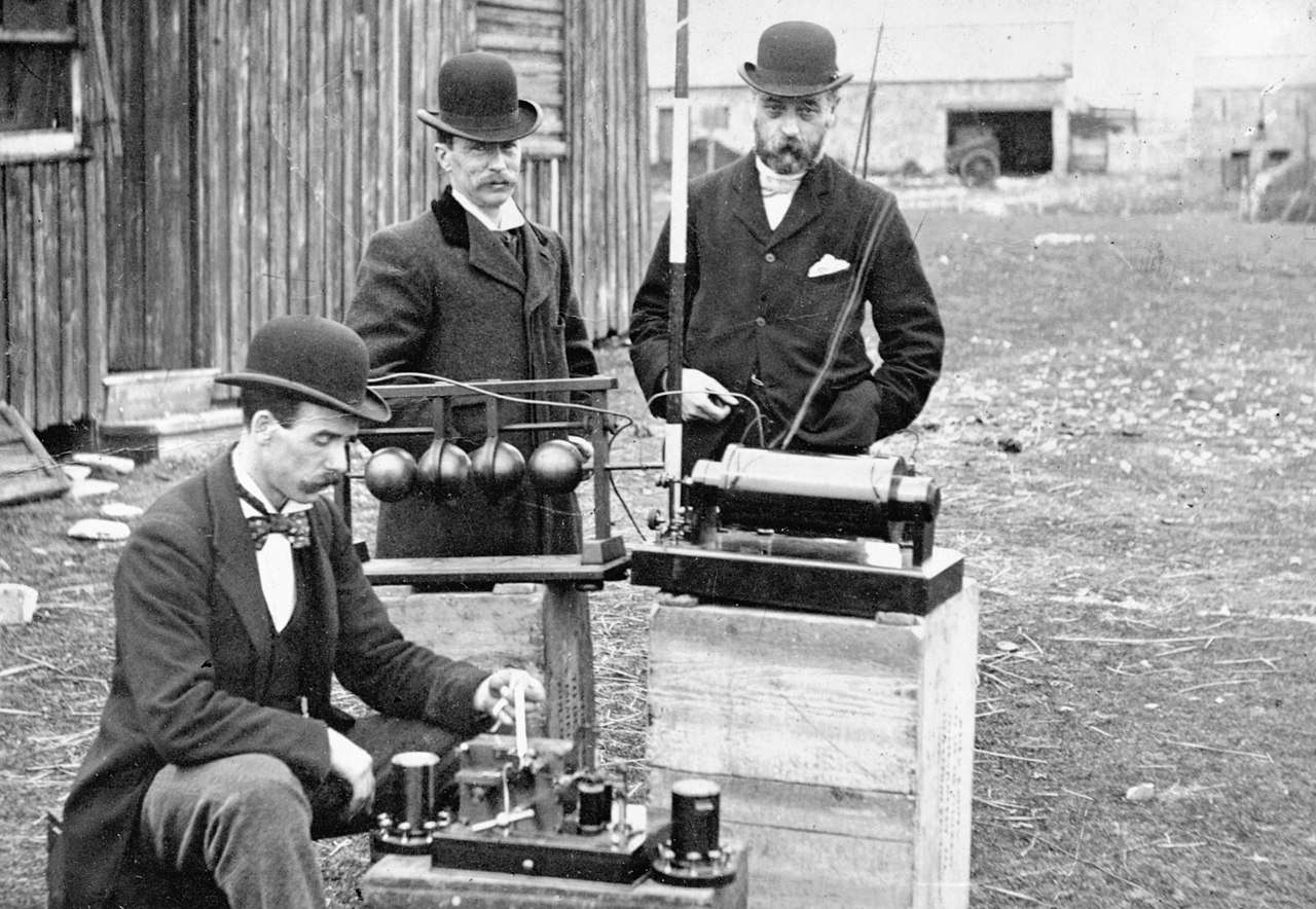 British Post Office engineers inspect Marconi's radio equipment during a demonstration on Flat Holm Island, 13 May 1897.