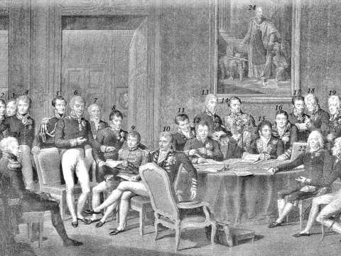 Wellington (far left) alongside Metternich, Talleyrand and other European diplomats at the Congress of Vienna, 1815 (engraving after Jean-Baptiste Isabey)
