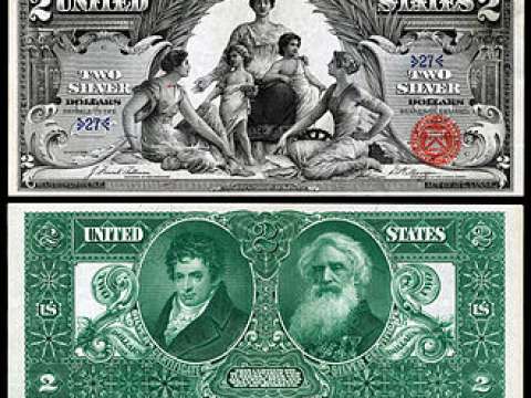 Robert Fulton (with Samuel F. B. Morse) depicted on the reverse of the 1896 $2 Silver Certificate from the United States Treasury