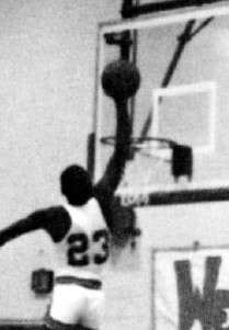 Jordan going in for a slam dunk for the Laney High School varsity basketball team, 1979–80
