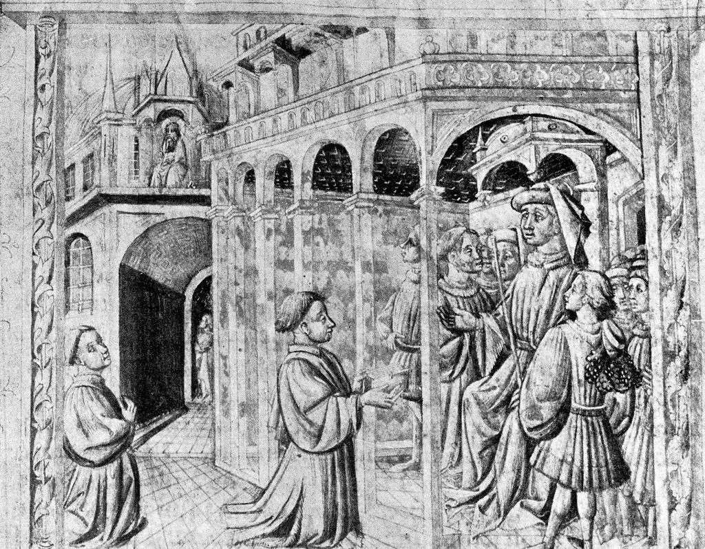 A manuscript illustration of Bacon presenting one of his works to the chancellor of the University of Paris