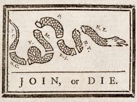 Join, or Die: This political cartoon by Franklin urged the colonies to join together during the French and Indian War (Seven Years' War).