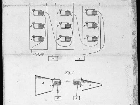 Alexander Graham Bell's telephone patent drawing, March 7, 1876