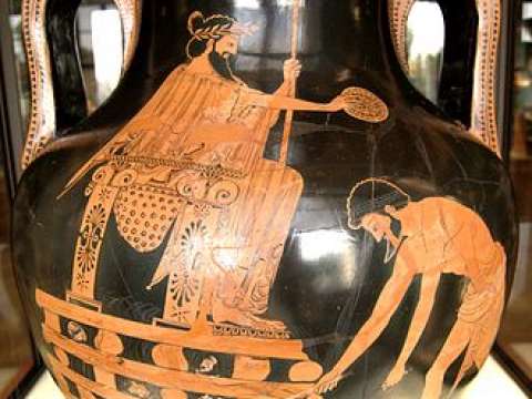 Croesus awaits fiery execution (Attic red-figure amphora, 500–490 BC, Louvre G 197)