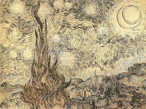  Cypresses in Starry Night, a reed pen drawing executed by Van Gogh